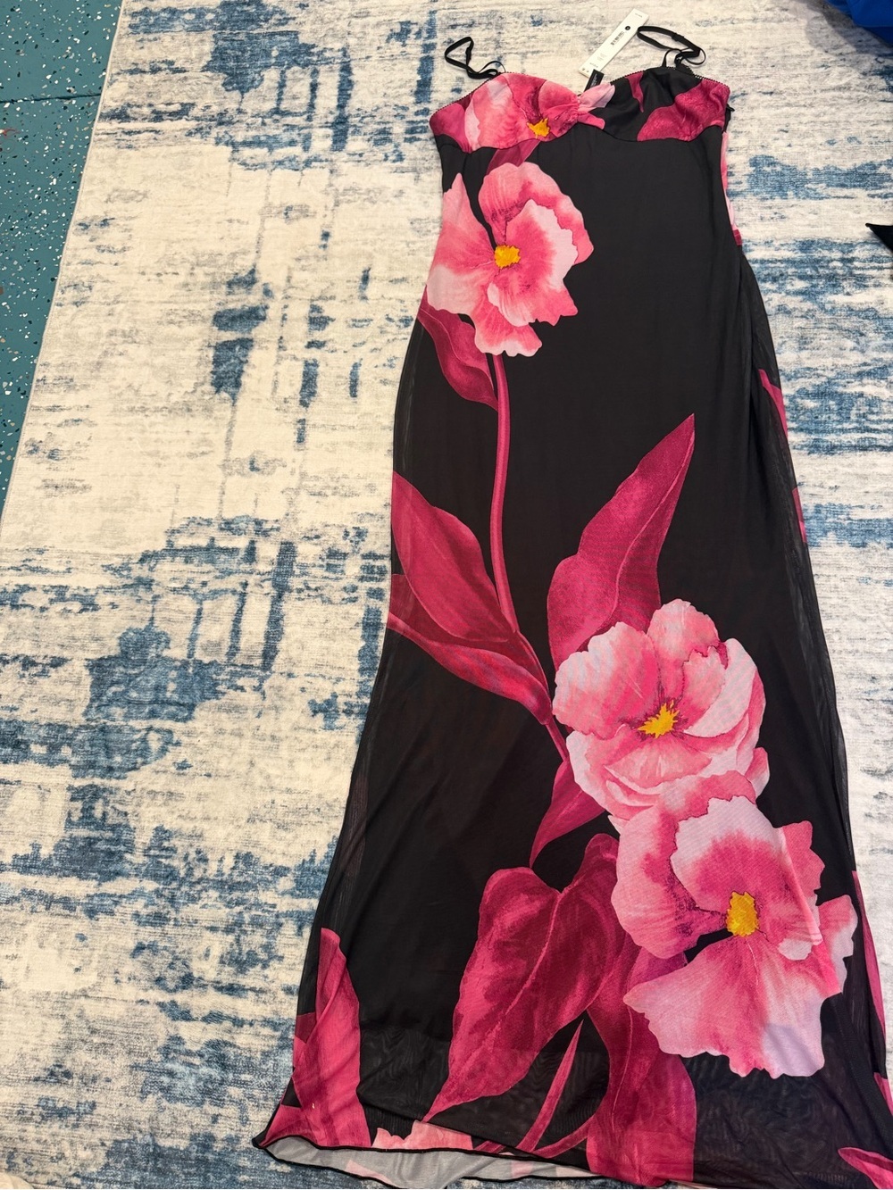 Bloomingdale’s Aqua Black Maxi Slip Dress with Fuchsia Floral Print - Picture 2 of 3